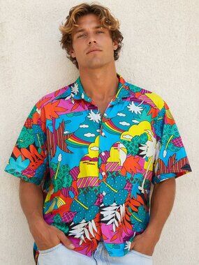 Vintage 1980s Rip Curl Surfcore Beachwear Island Colorful Button Up Shirt Size L